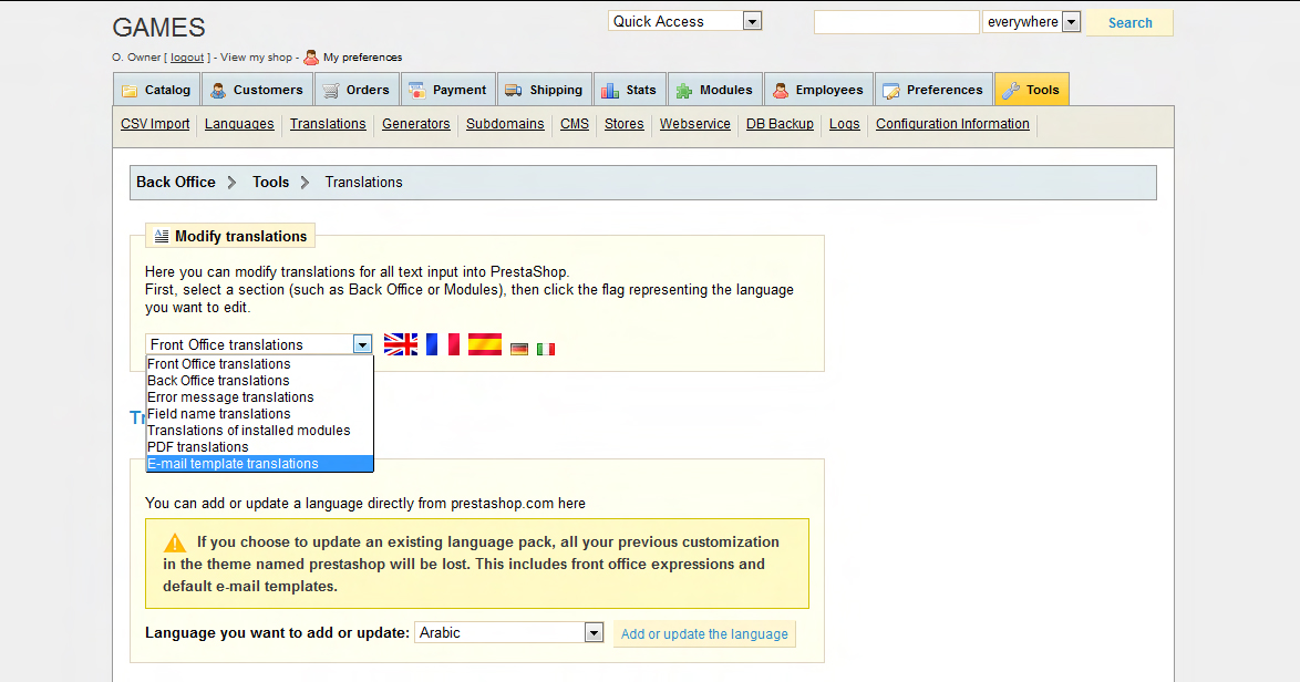 Prestashop Admin menu Tools - Translations