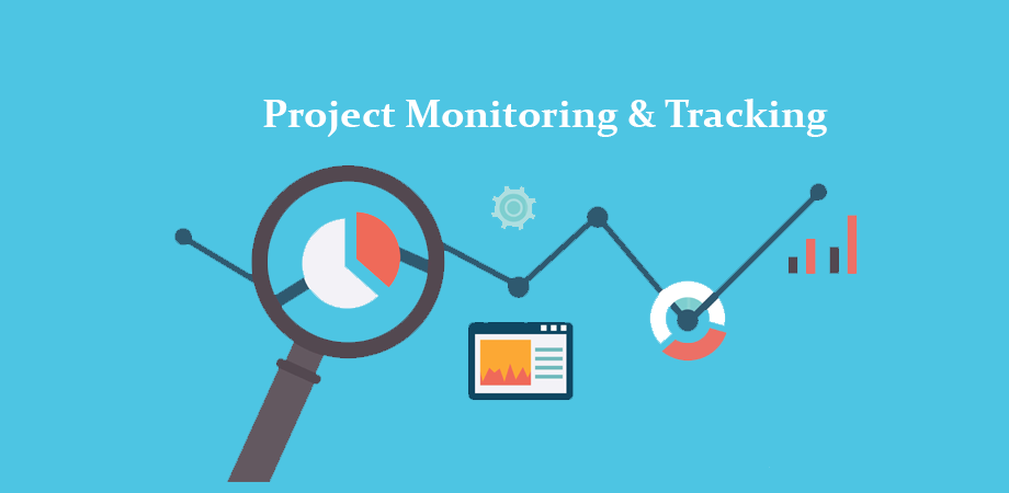 A magnifying glass on a upward graph signifies tracking the progress of the project.