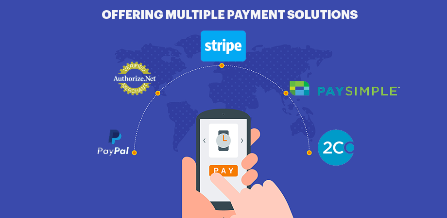 Offering Multiple Payment Solutions like PayPal, Authorize.net, Stripe, PaySimple, 2checkout