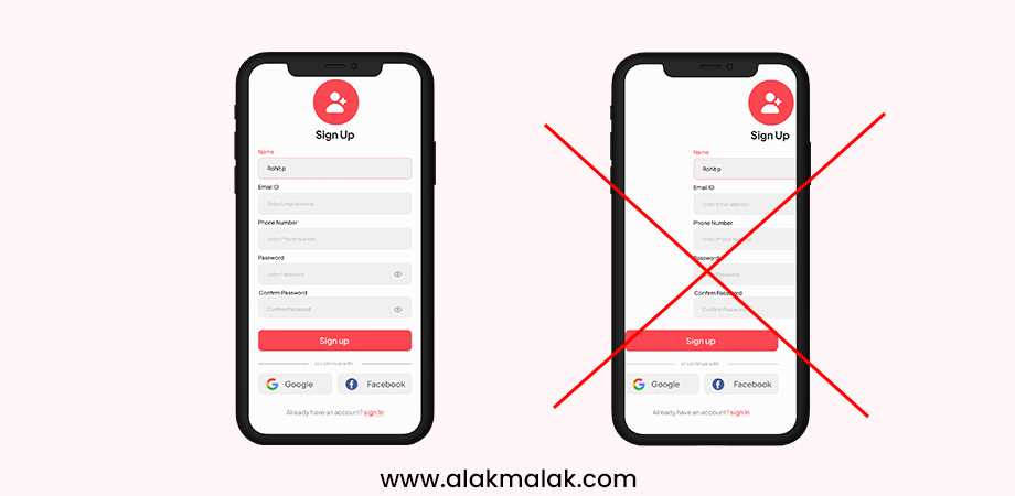 Two mobile phone in which one displays a mobile friendly website while other mobile has an unresponsive website and red cross is made on the second phone.