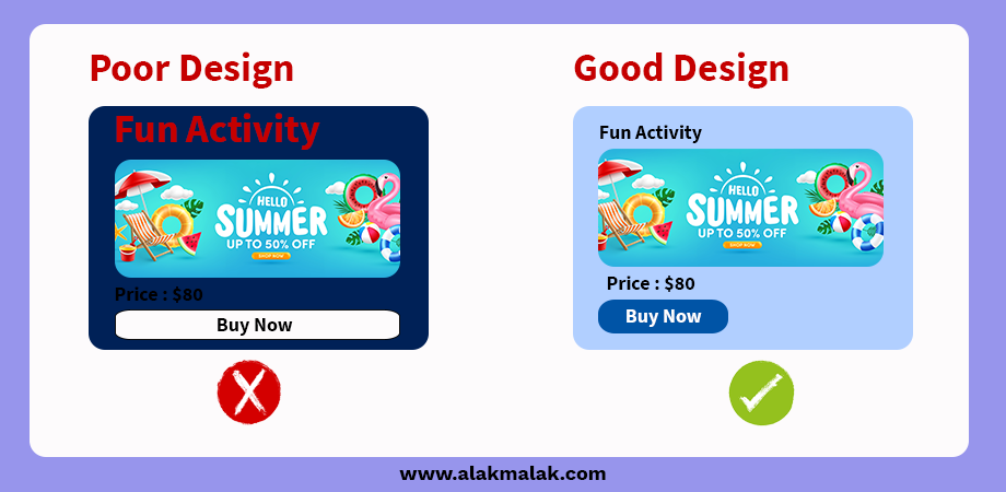 Comparison: Summer sale banners—poor design is cluttered, while good design is simple, legible, and accessible for all, prioritizing clarity.