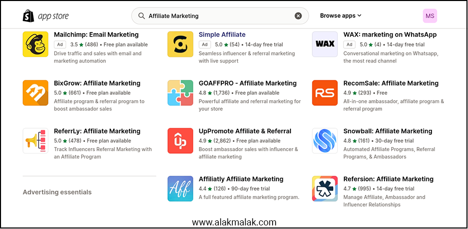 A list of affiliate marketing plugins available on the Shopify App Store, showing the names, ratings, and prices of various apps.
