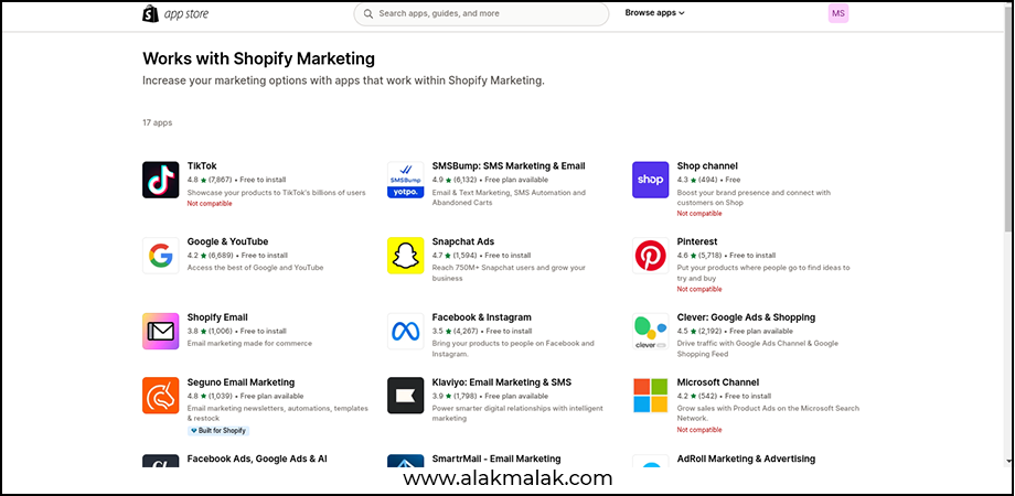 Screenshot of the Shopify App Store, showing a list of apps that work with Shopify Marketing.