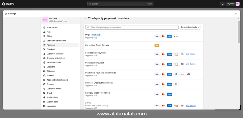 Screenshot of a Shopify Payments page showing various payment options, including Shopify Payments, Stripe, PayPal, and Amazon Pay.