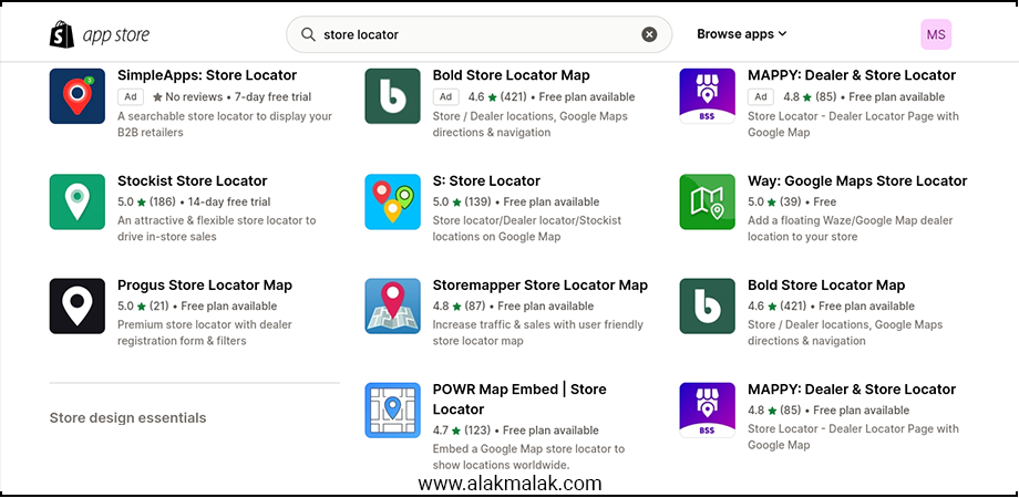 A list of store locator apps available on the Shopify App Store, showing a variety of apps with different features and ratings.
