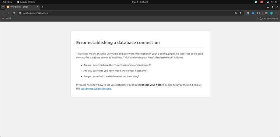  WordPress error message "Error establishing a database connection" on a browser window. The message suggests incorrect database credentials or a problem with the database server.