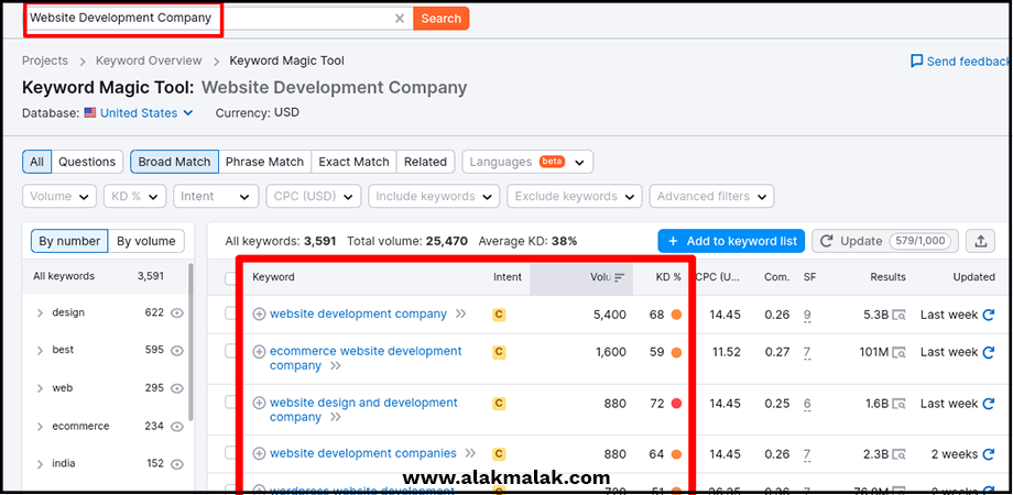 Semrush showing keywords for 'website development company'