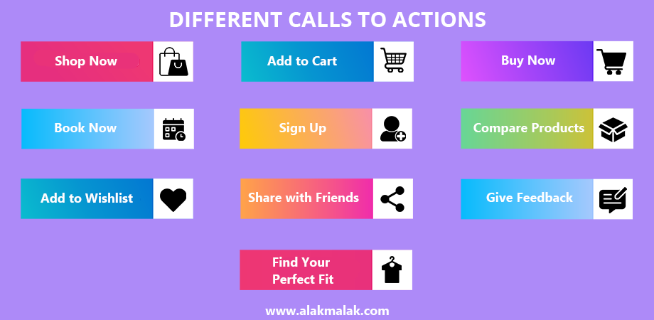 CTAs: Shop, Add to Cart, Buy, Sign Up, Book, Compare, Wishlist, Share, Feedback, Find Perfect Fit