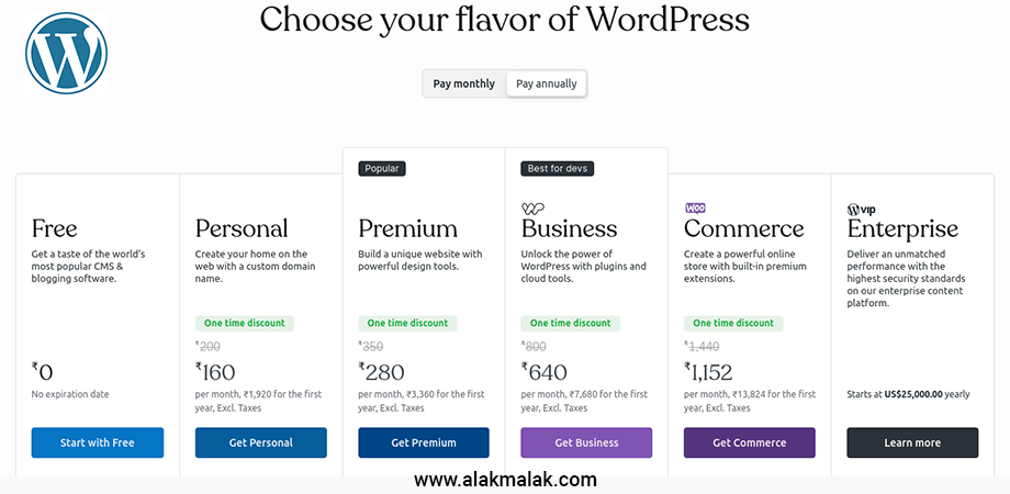 Wordpress Packages starting from free, personal, premium, business, woocommerce and enterprise.