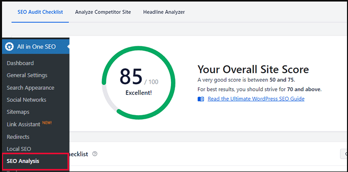 SEO Score for a website showing 85 out of 100 