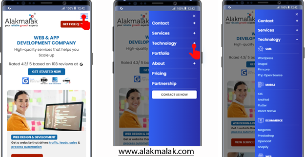 A simple navigation of www.alakmalak.com mobile site.