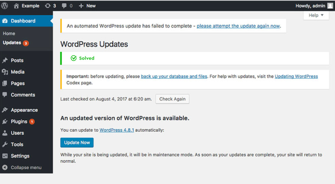 Wordpress Dashboard showing a new update is available
