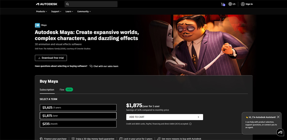 Autodesk Maya landing page featured image of the animated film - The Adams Family.