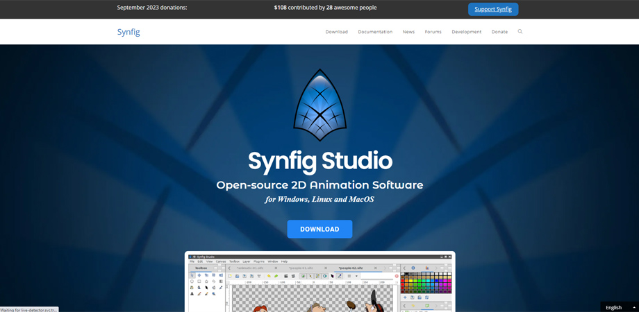 Synfig's landing page featured image of a design platform,