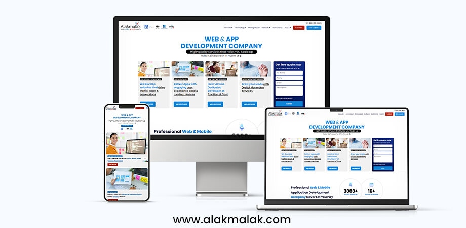 A responsive website design displayes on different devices like desktop, tab and mobile.