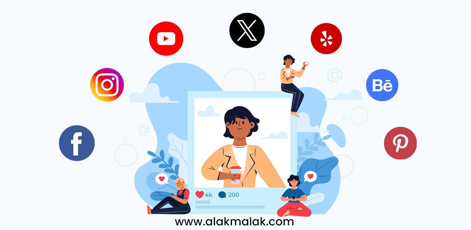 An illustration depicting the use of social media platforms, featuring a woman with a smartphone surrounded by icons for popular social networks like YouTube, Instagram, Facebook, Pinterest, and Behance. The image emphasizes integrating social media into website design for a successful online presence.