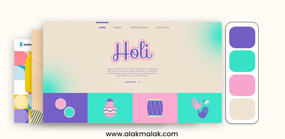 Holi website mockup: vibrant colors showcase festive theme, highlighting importance of cohesive design.