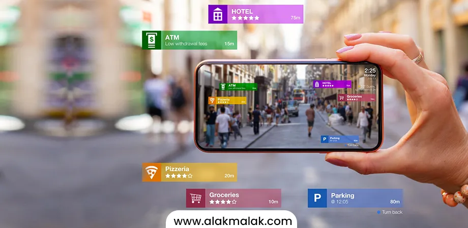 A smartphone displays an AR view of a city street with overlays showing points of interest like a hotel, ATM, pizzeria, grocery store, and parking, highlighting AR/VR trends.