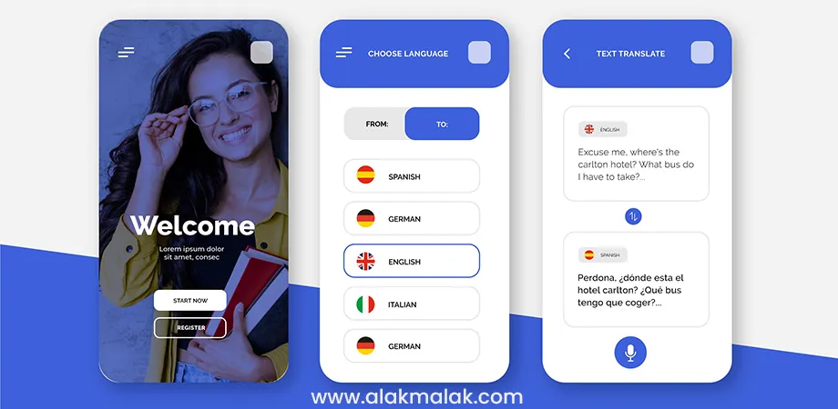 Screens from a mobile app featuring a welcome screen, language selection, and text translation with voice input, highlighting the use of voice user interfaces as a trend in Android app development for accessibility and multilingual support.