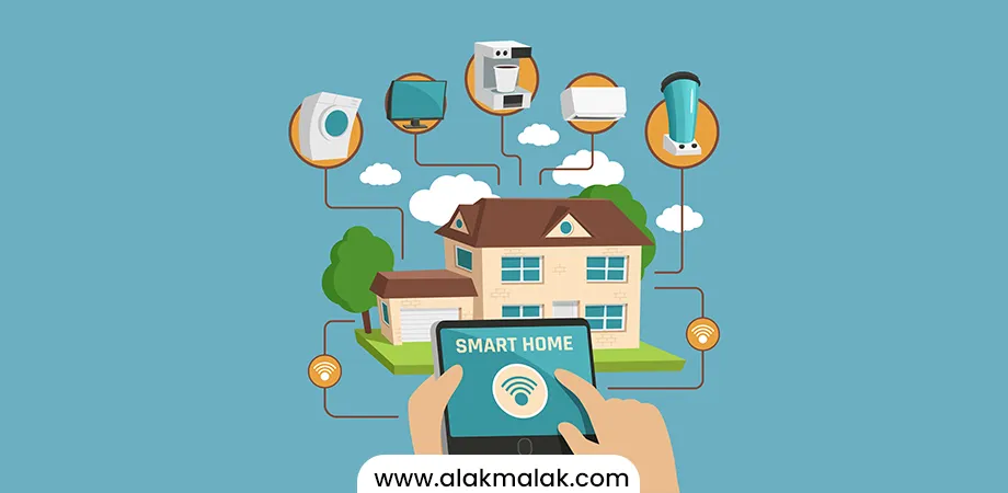 A smart home controlled by a mobile device, with various connected devices like cameras, speakers, and appliances represented by icons around the house, highlighting the Internet of Things trend towards home automation and intelligent living spaces.