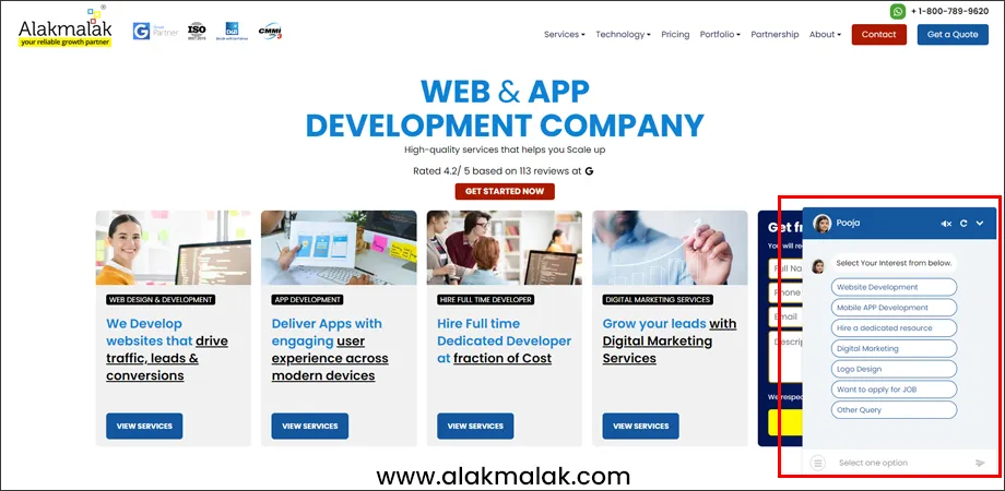 Web development company homepage showcasing services. Chatbot interface in bottom right corner offers options like website and app development, highlighting chatbot trend in mobile apps.