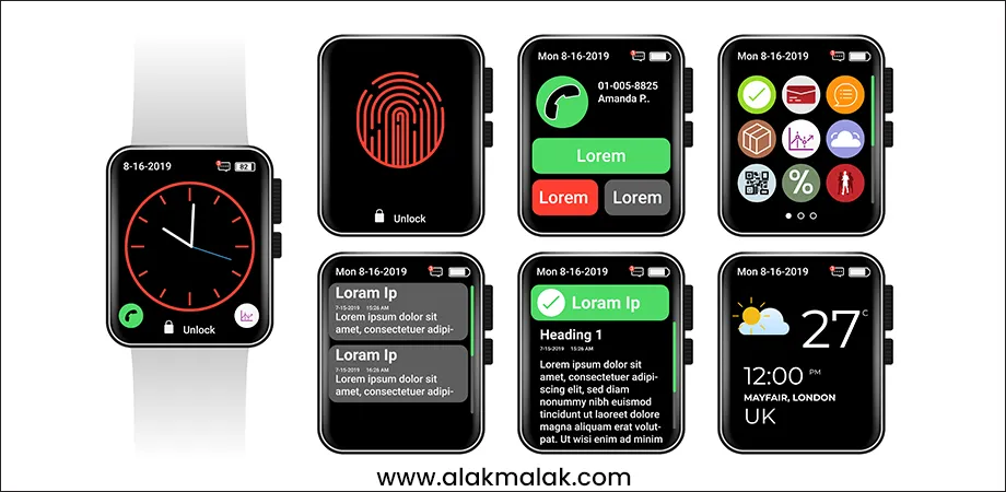 Multiple smartwatch screens showing various app interfaces: clock, fingerprint unlock, notifications, app icons, text content, and weather. Illustrates wearable device functionality.