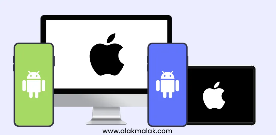 Illustration of Apple devices (iMac, iPad) and Android phones, symbolizing cross-platform development between iOS and Android