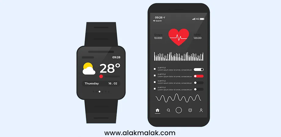 Smartwatch displaying weather and smartphone showing health metrics, demonstrating iOS app integration with wearable tech for tracking and data visualization.