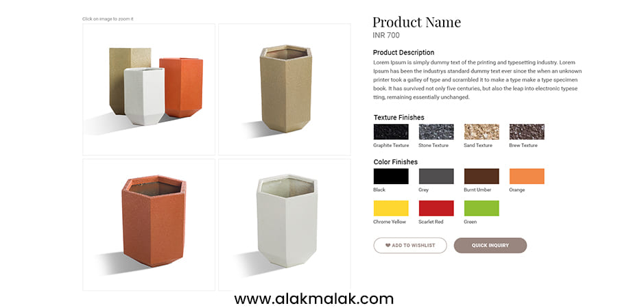 An eCommerce website showing detailed product descriptions including colors, price.