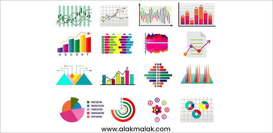 Collection of colorful data visualization graphics including charts, graphs, diagrams, and infographic elements demonstrating effective ways to present information visually