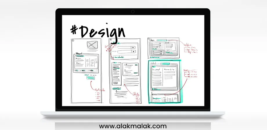 Laptop screen displaying hand-drawn website wireframes and design sketches with annotations, showcasing the use of illustrative doodles and hand-crafted elements in website designs 