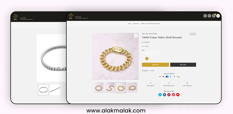 A website showcasing high-quality jewelry product images with detailed descriptions, zooming capabilities, and multiple viewing angles to enhance the online shopping experience and increase ecommerce sales.
