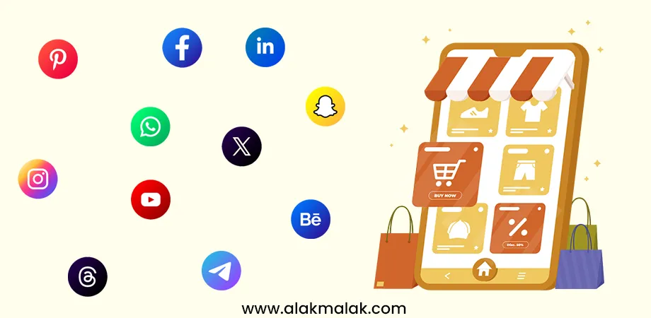 Various popular social media platforms and a mobile ecommerce app with shopping bag icons, highlighting the integration of social media and online shopping to tap into social commerce trends