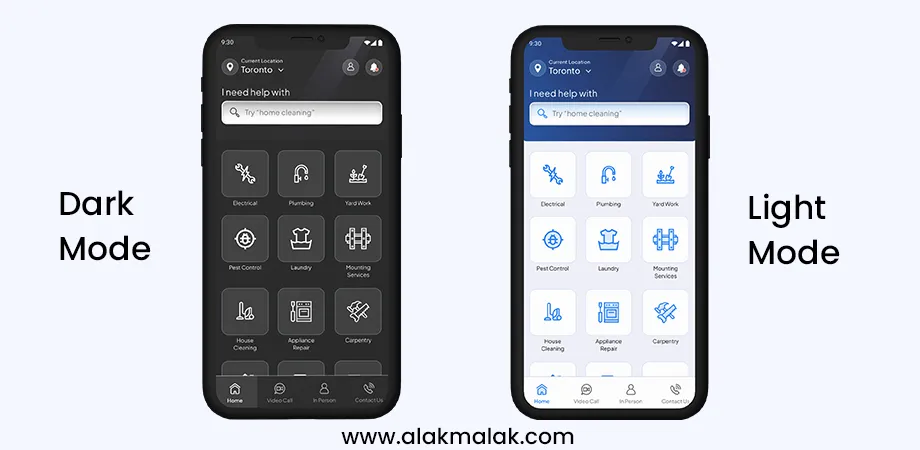 Two mobile app screens: one in dark mode with black backgrounds and white text/icons, the other in light mode with white backgrounds and colored icons, showcasing the trend for accessibility.