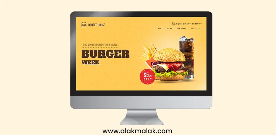 Minimalistic website for burger week promotion: single burger image, price tag, sparse text on yellow background, exemplifying UX minimalism.