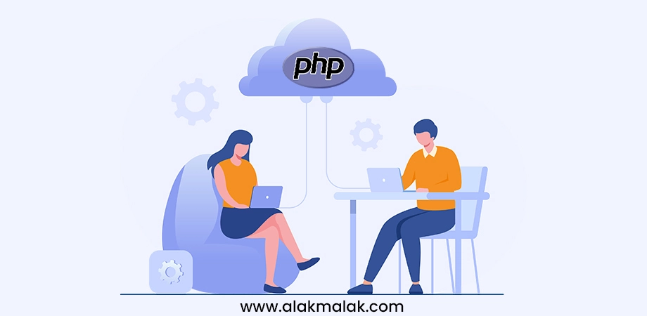 Illustration of developers working on PHP cloud services, depicting the trend of cloud adoption for PHP development.