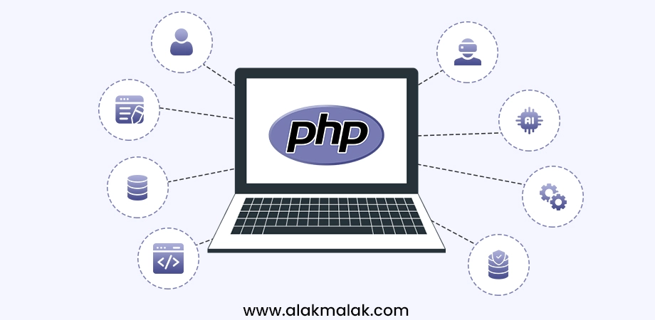 PHP laptop with connected icons representing IoT integration trends like users, databases, code, AI, and server technologies supporting web development.