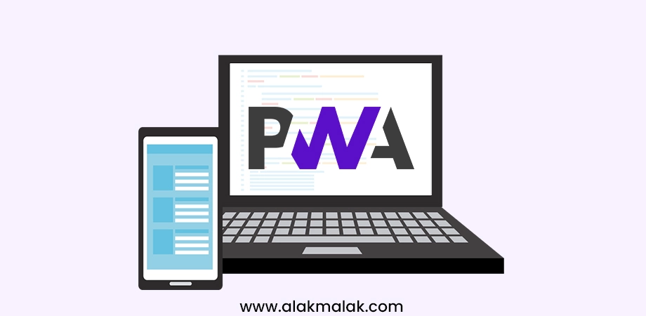PWA logo on laptop and mobile screens showcasing Progressive Web Apps trend for PHP development.