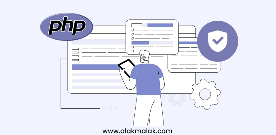 Illustration showing PHP development with emphasis on security features like code review, secure coding practices, and security verification icon.