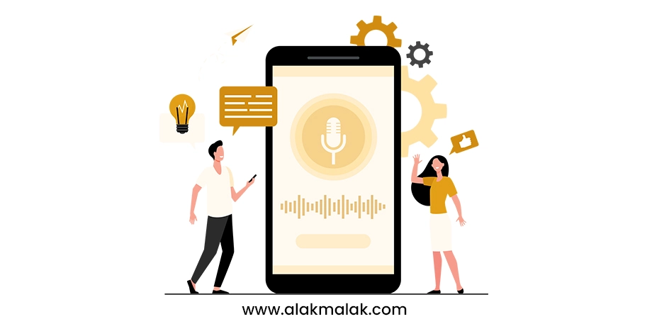 Illustration depicting voice search optimization trend with people interacting with a large smartphone showing a microphone and audio waveform visualization.