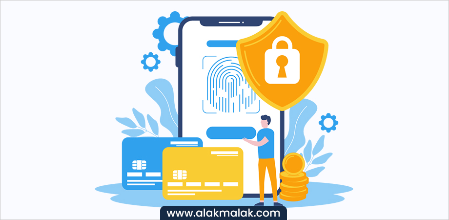 Online shopper using fingerprint scan for secure payment on mobile phone. PCI compliance ensures secure credit card processing for e-commerce businesses. 