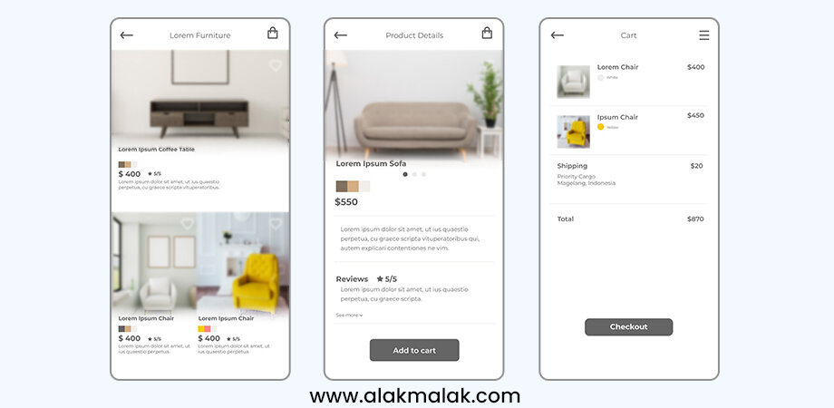  Blurry furniture store app screens: List of items with pixelated images, sofa details page with low-res image, cart with unclear thumbnails.
