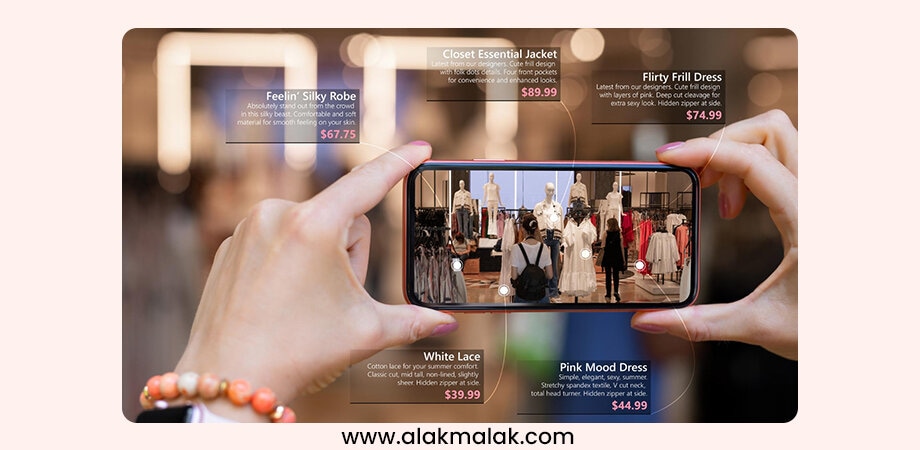 Person using smartphone for AR clothes shopping. Virtual models display clothing items with pricing and descriptions overlaid for easy viewing.