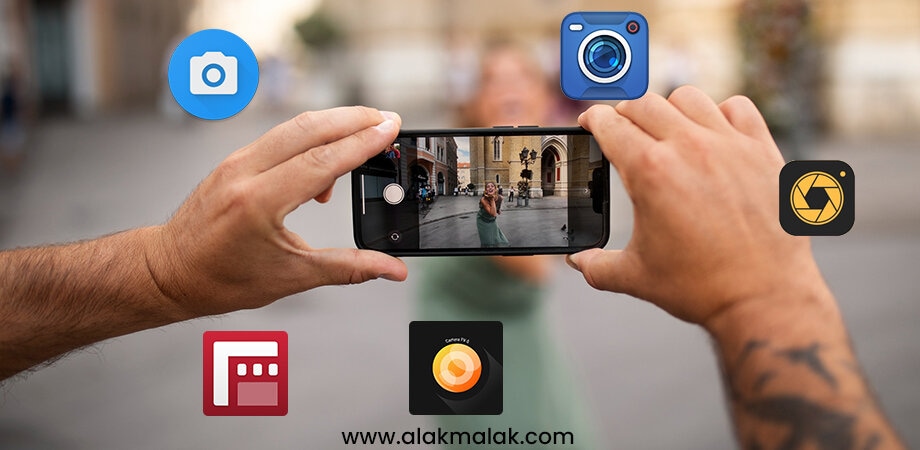 Illustration of camera-centric Android apps: Smartphone captures street scene, surrounded by icons for camera and photo editing apps.