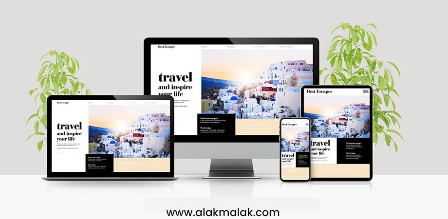 Responsive design for "Best Escapes" travel platform, showcasing picturesque destinations across devices. The design is shown across different devices like a desktop computer, laptop, tablet, and smartphone, highlighting its responsiveness and adapting seamlessly to various screen sizes and resolutions.