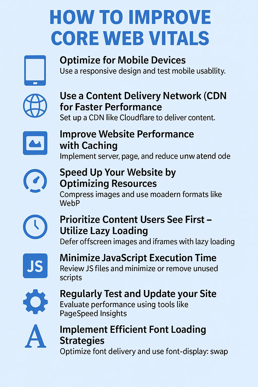 Colorful layout showing 9 tips to improve Core Web Vitals with icons and brief instructions on mobile optimization, CDN, caching, lazy loading, and more.