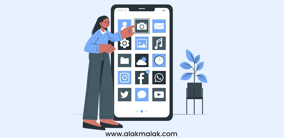 Illustration of on-demand mobile apps: Smartphone with app icons, user interaction, and potted plant nearby, showcasing accessibility and convenience.