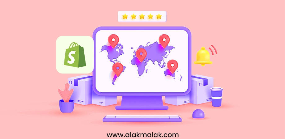 Illustration depicting optimizing for international eCommerce sales with a computer screen showing a world map with location pins, a shopping bag icon, star rating, notification bell, and other icons representing global reach and optimized online sales.