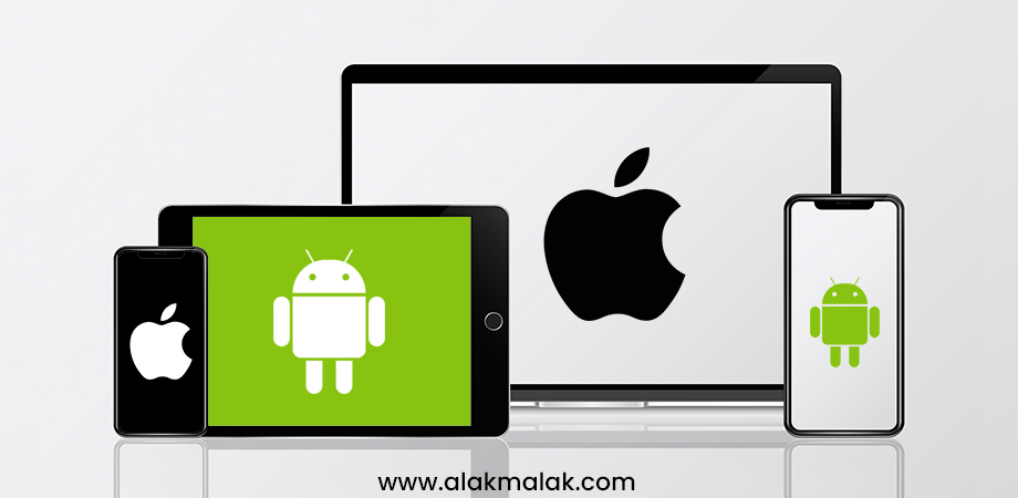  A graphic showcasing cross-platform app development features Apple iOS and Google Android devices side by side: iPhone, iPad, MacBook, and an Android smartphone. It emphasizes the significance of seamless app functionality across platforms to reach diverse audiences and avoid neglecting cross-platform development.