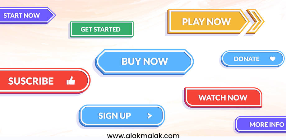 Colorful call-to-action buttons: "Start Now," "Get Started," "Play Now," "Buy Now," "Donate," "Subscribe," "Watch Now," "Sign Up," "More Info.
